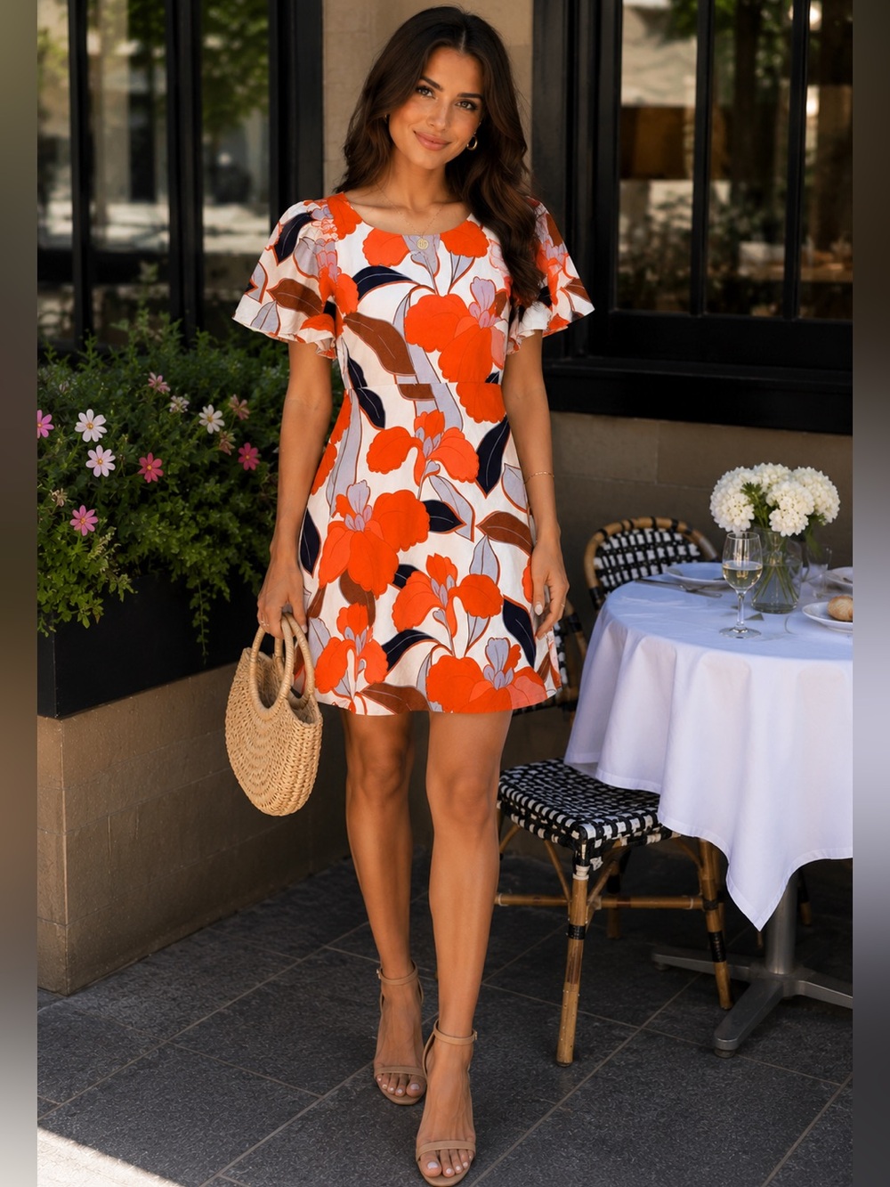 Ann Taylor White Mini Dress with Orange Floral Print